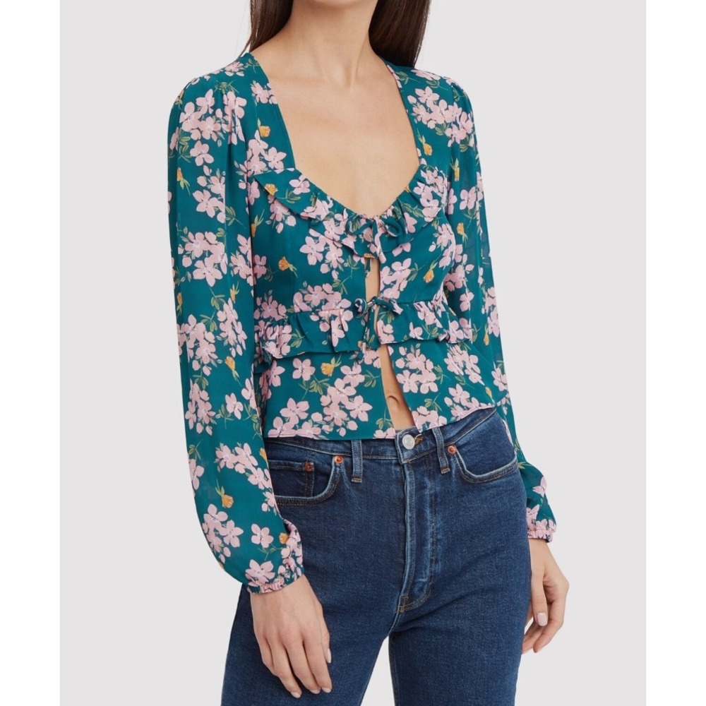 INTERMIX Floral‎ Silk Blouse Womens 6 Teal Pink Ruffle Tie Front Long Sleeve